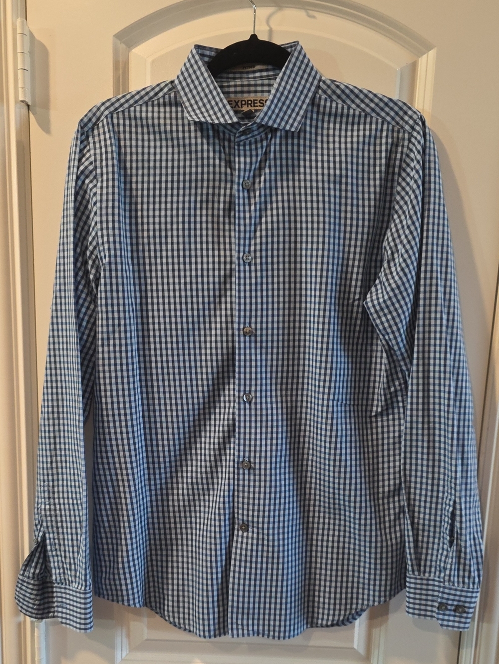 Express Men’s Blue and White Fitted Dress Shirt